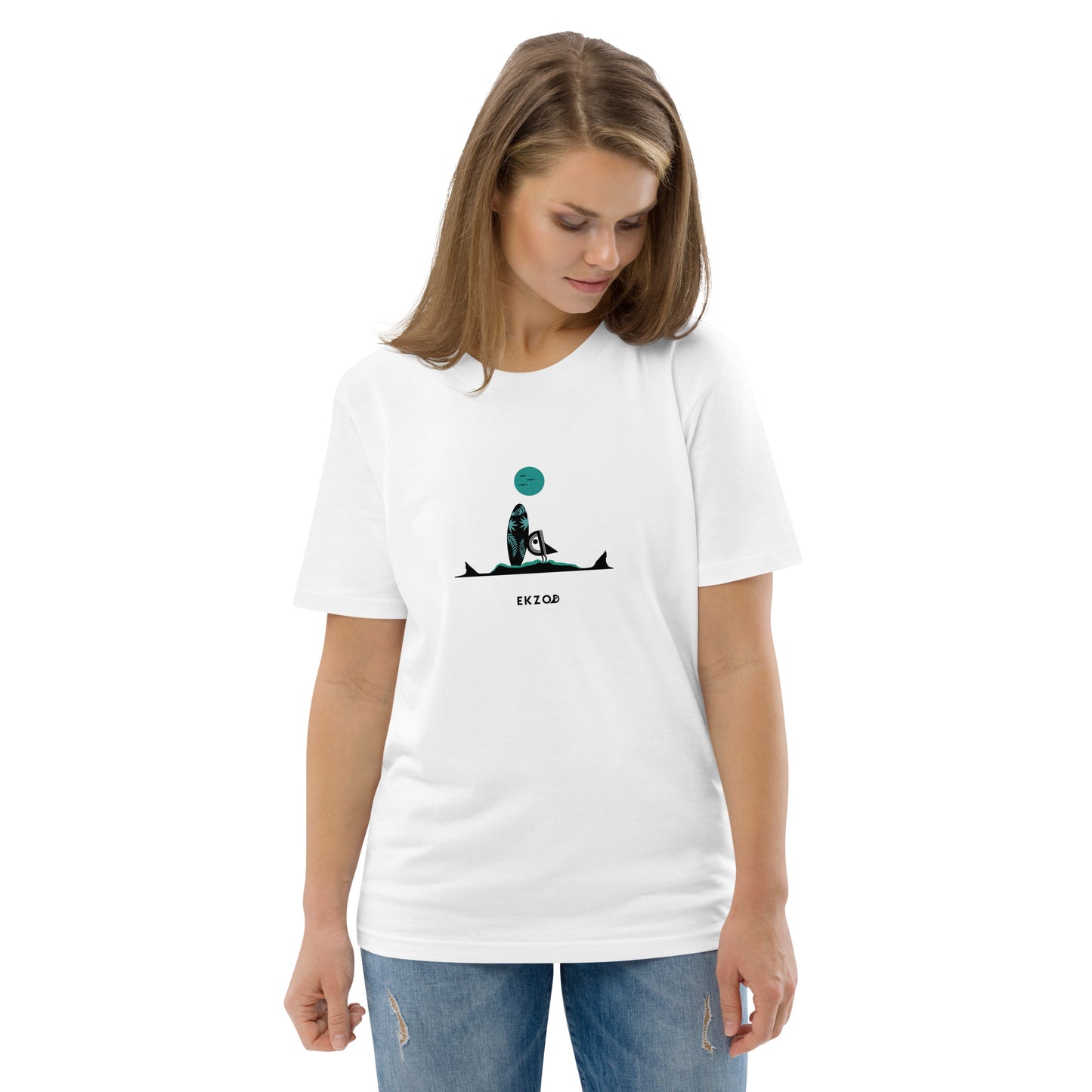 T-shirt Surf Shark coton BIO (blanc vert unisexe)