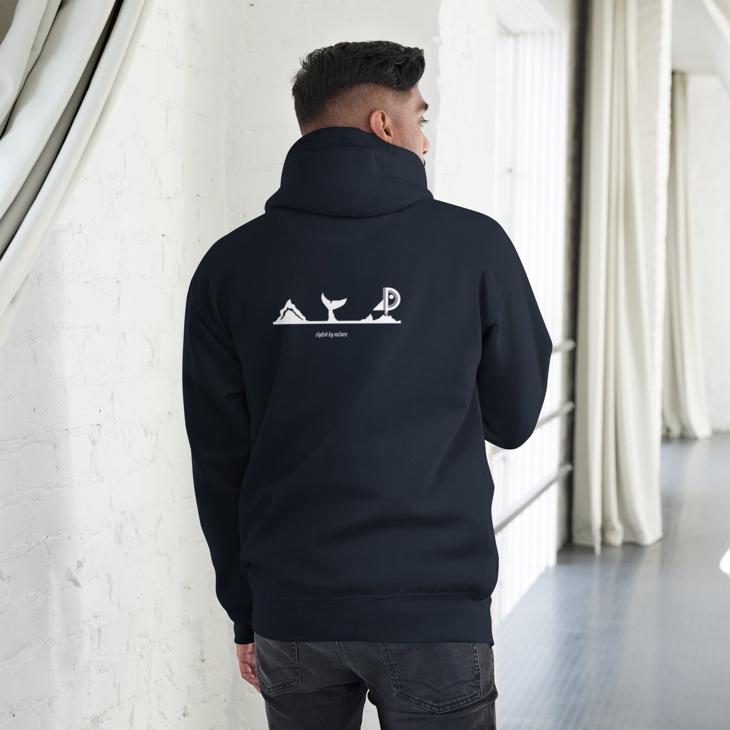 Hoodie Océan brodé premium (bleu marine unisexe)